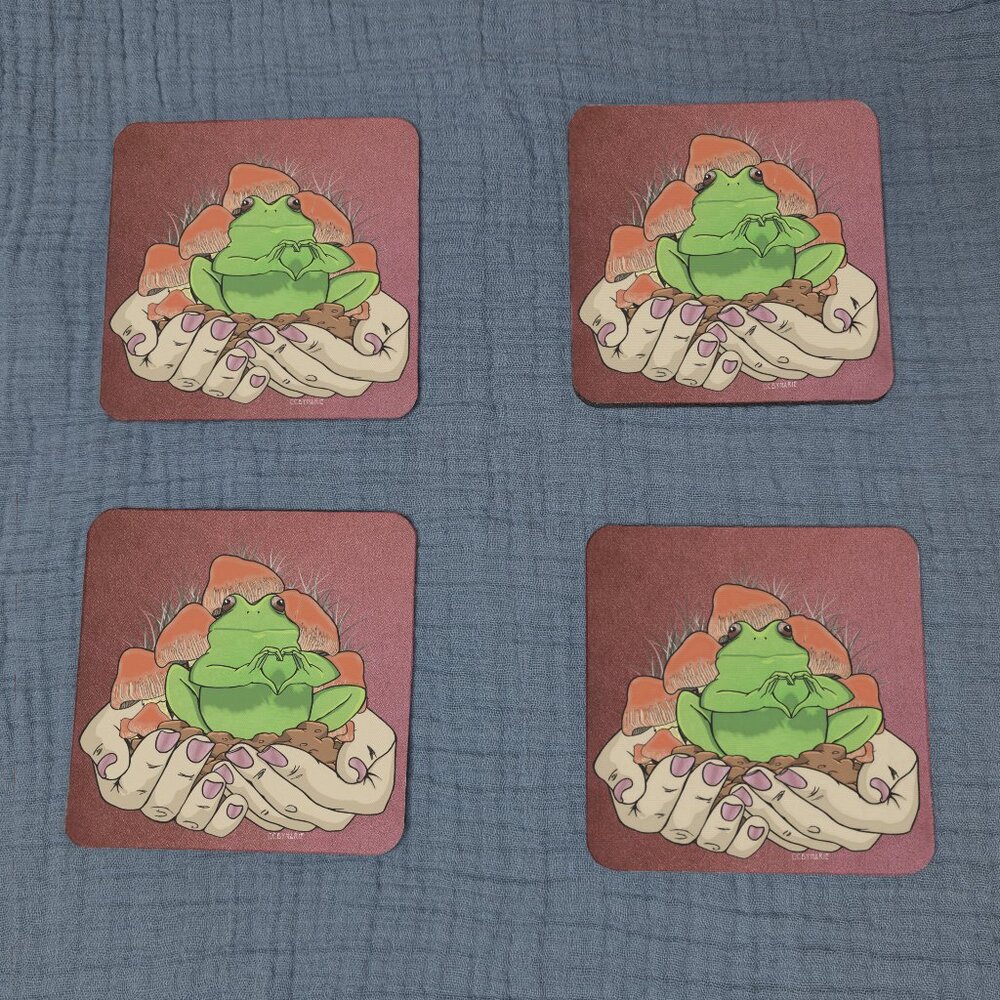 Cottagecore Frog Coaster Set Of 4 Love You So Mush Pun Heart Hands Handcrafted